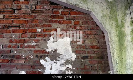 A weathered red brick wall with patches of peeling white paint and moss growing on the adjacent surface, showcasing the contrast between aged brickwor Stock Photo