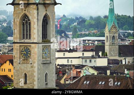 Church clock towers in Zurich skyline, Switzerland Stock Photo