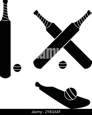Cricket Bat and Ball Shape Logo Silhouette. A few graphics for the sport of cricket featuring a bat and ball, cricket bats crossed and cricket ball. Stock Vector