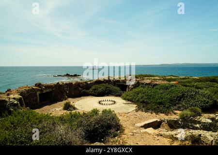 The Faraglioni of Nido dei Passeri, on the coast of Calasetta on the north coast of the island of Sant'Antioco, southern Sardinia, Italy Stock Photo