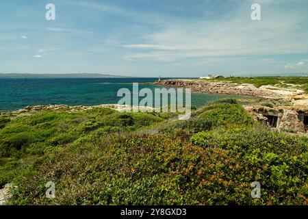 The Faraglioni of Nido dei Passeri, on the coast of Calasetta on the north coast of the island of Sant'Antioco, southern Sardinia, Italy Stock Photo