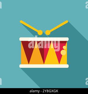 Colorful toy drum with drumsticks is lying on a blue background, creating a playful and vibrant scene Stock Vector