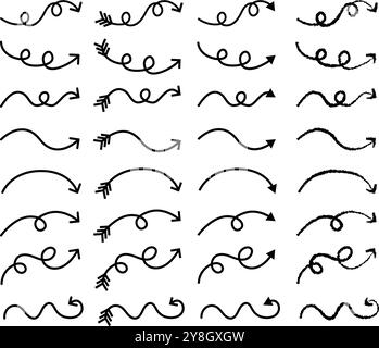 Curved arrow set. Curly and swirly arrows. Direction arrows, bow arrows, loopy arrows, doodle. Stock Vector