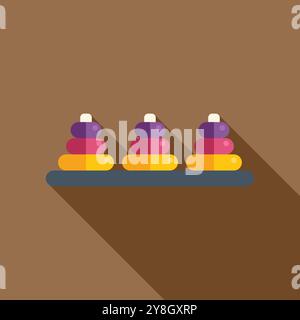 Minimalist flat vector illustration of three colorful toy pyramids on a shelf, casting a long shadow on a brown background Stock Vector