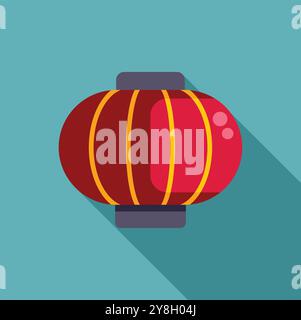 Red and gold chinese paper lantern hanging with long shadow on turquoise background Stock Vector