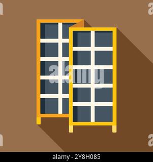 Two solar panels standing on wooden supports, converting sunlight into electricity using photovoltaic effect Stock Vector