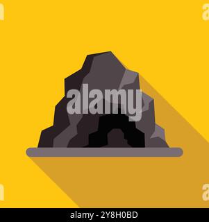 Dark cave entrance surrounded by rocks flat design icon on a yellow background with a long shadow Stock Vector