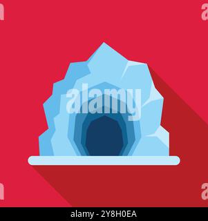 Illustration of an ice cave entrance with a long shadow on a red background Stock Vector