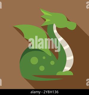 Green dragon sitting and spreading its wings in flat design with long shadow on brown background Stock Vector