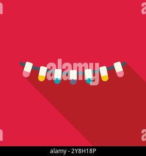 String of lights hanging on a cable is glowing on red background Stock Vector