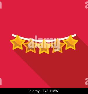 Five golden stars hanging on a string represent a perfect five star rating Stock Vector