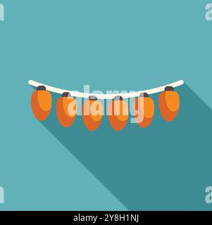 Row of paper lanterns hanging on a string with a long shadow, over a blue background Stock Vector
