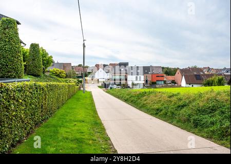 Concrete country road through the Flemish fields of Brussegem, Merchtem, Belgium, SEP 29, 2024 Stock Photo