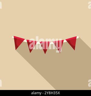 Red party flags hanging on rope with long shadow on light brown background Stock Vector