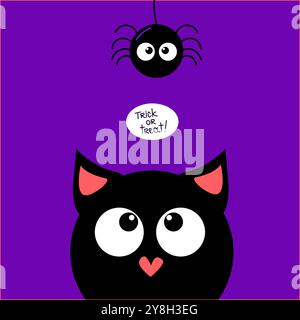 Happy Halloween. trick or treat Black cat face head silhouette looking up to hanging on dash line web spider insect. Cute cartoon vector character. Stock Vector