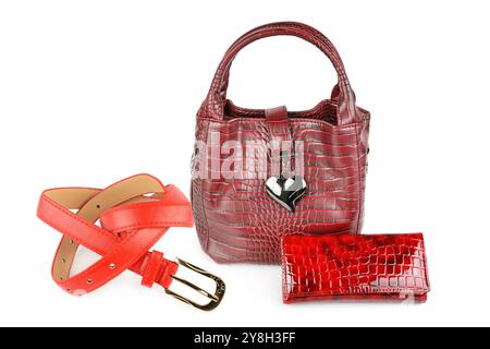 Women's leather waist red belt, handbag and wallet isolated on white background. Collage. Stock Photo