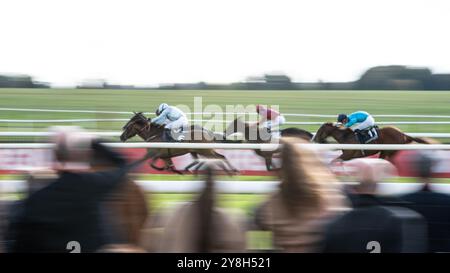 Newmarket, UK. 05th Oct, 2024. Runners and riders compete in the $196,822.35 USD Tattersalls October Auction Stakes. The Virgin Bet Sun Chariot Day is a horse racing event taking place at Newmarket Racecourses. Credit: SOPA Images Limited/Alamy Live News Stock Photo