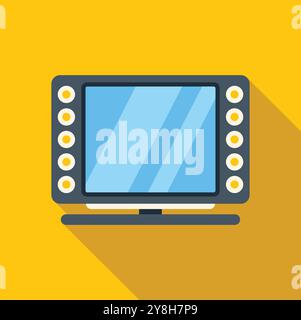 Tv set with lights around screen standing on yellow background is casting a long shadow Stock Vector