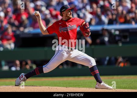 Cleveland, United States. 05th Oct, 2024. Cleveland Guardians pitcher Tanner Bibee (28) delivers to the Detroit Tigers during the first inning of ALDS Game 1 at Progressive Field in Cleveland, Ohio, on Saturday, October 5, 2024. Photo by Aaron Josefczyk/UPI Credit: UPI/Alamy Live News Stock Photo