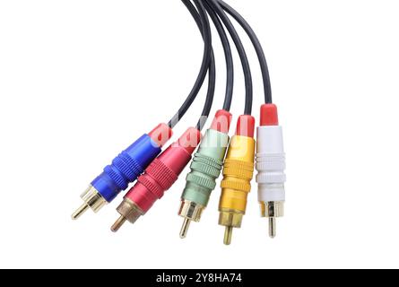 Multicolored AV cable connectors isolated on white background. Stock Photo