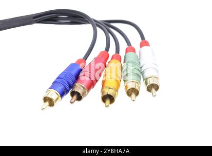Multicolored AV cable connectors isolated on white background. Stock Photo