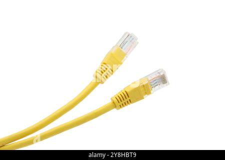 Yellow network cables with molded RJ45 plug on transparent background (PNG File) Stock Photo