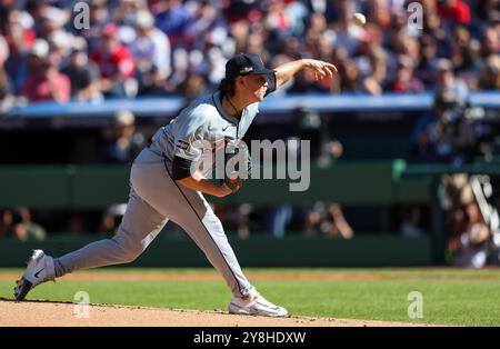 Cleveland, United States. 05th Oct, 2024. Detroit Tigers pitcher Tyler Holton delivers to the Cleveland Guardians during the first inning of ALDS Game 1 at Progressive Field in Cleveland, Ohio, on Saturday, October 5, 2024. Photo by Aaron Josefczyk/UPI Credit: UPI/Alamy Live News Stock Photo