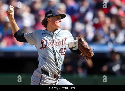 Cleveland, United States. 05th Oct, 2024. Detroit Tigers relief pitcher Reese Olson (45) delivers to the Cleveland Guardians during the first inning of ALDS Game 1 at Progressive Field in Cleveland, Ohio, on Saturday, October 5, 2024. Photo by Aaron Josefczyk/UPI Credit: UPI/Alamy Live News Stock Photo