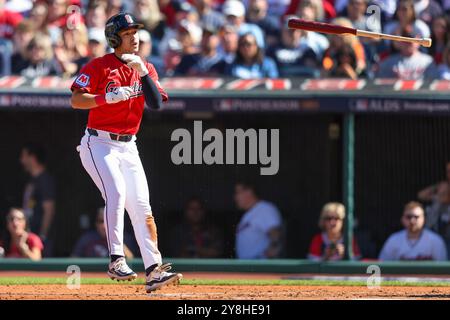 Cleveland, United States. 05th Oct, 2024. Cleveland Guardians' Steven Kwan is awarded a base on balls against the Detroit Tigers during the second inning of ALDS Game 1 at Progressive Field in Cleveland, Ohio, on Saturday, October 5, 2024. Photo by Aaron Josefczyk/UPI Credit: UPI/Alamy Live News Stock Photo