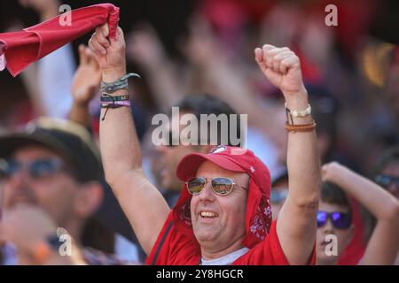 Cleveland, United States. 05th Oct, 2024. A Cleveland Guardians fan jubilates against the Detroit Tigers during the third inning of ALDS Game 1 at Progressive Field in Cleveland, Ohio, on Saturday, October 5, 2024. Photo by Aaron Josefczyk/UPI Credit: UPI/Alamy Live News Stock Photo