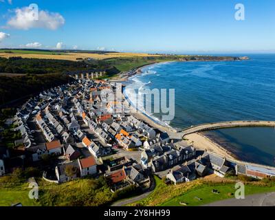 Aerial view from drone of Cullen village on Moray coast  in Moray, Scotland, UK Stock Photo