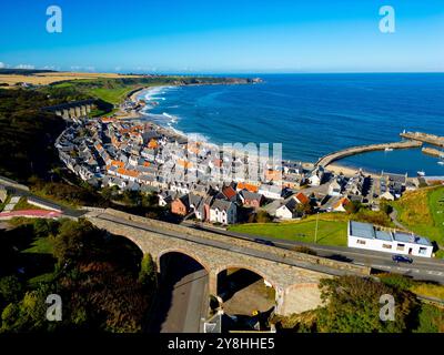 Aerial view from drone of Cullen village on Moray coast  in Moray, Scotland, UK Stock Photo