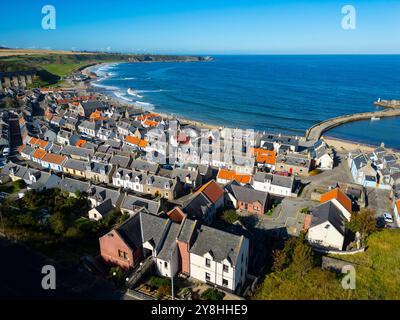 Aerial view from drone of Cullen village on Moray coast  in Moray, Scotland, UK Stock Photo