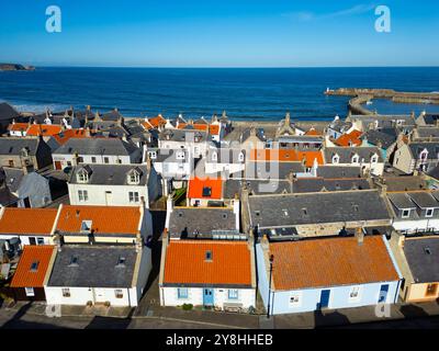 Aerial view from drone of Cullen village on Moray coast  in Moray, Scotland, UK Stock Photo