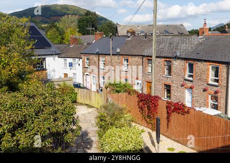 View over back garden of row of terraced houses in a suburb of Abergavenny, Wales, UK Stock Photo