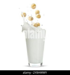 Macadamia nuts falling into glass of milk on white background Stock Photo