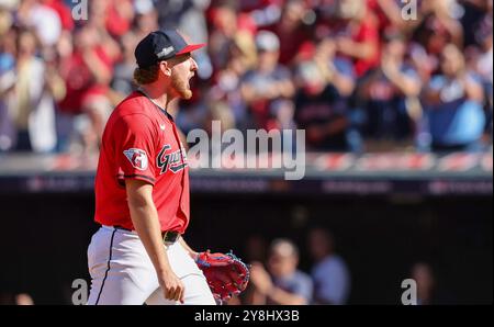 Cleveland, United States. 05th Oct, 2024. Cleveland Guardians pitcher Tanner Bibee reacts after he is relieved during the fifth inning of ALDS Game 1 against the Detroit Tigers at Progressive Field in Cleveland, Ohio, on Saturday, October 5, 2024. Photo by Aaron Josefczyk/UPI Credit: UPI/Alamy Live News Stock Photo