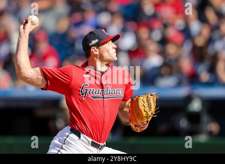 Cleveland, United States. 05th Oct, 2024. Cleveland Guardians pitcher Cade Smith delivers to the Detroit Tigers during the sixth inning of ALDS Game 1 at Progressive Field in Cleveland, Ohio, on Saturday, October 5, 2024. Photo by Aaron Josefczyk/UPI Credit: UPI/Alamy Live News Stock Photo