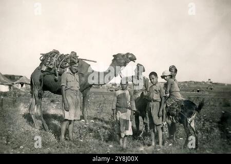 Polish Lancers Regiment, British Eighth Army, in Persia, Middle East posing with local children with a camel and donkey. Circa 1943-1944 Stock Photo