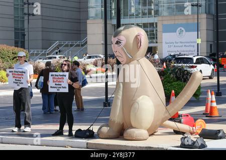 Chicago, USA. 05th Oct, 2024. Using massive inflatable monkeys, PETA protests outside of the Society for Neuroscience Conference at McCormick Place in Chicago, Illinois USA on October 5, 2024. With many vivisectors in attendance, PETA is calling for an end to cruel animal experiments, funding of humane non-animal research, and promoting the Research Modernization Deal, a groundbreaking strategy of replacing animals in experiments with human-relevant models. (Photo By: Alexandra Buxbaum/Sipa USA) Credit: Sipa USA/Alamy Live News Stock Photo