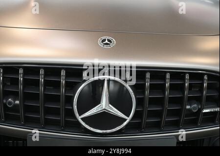 Logo, Schriftzug des deutschen Kraftfahrzeug Hersteller Mercedes - Benz an einem PKW, *** Logo, lettering of the German car manufacturer Mercedes Benz on a car, Stock Photo