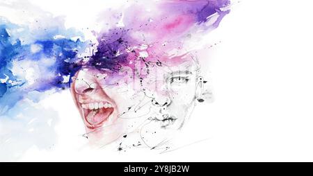 Holding in feelings, suppressed emotions, state of mind concept watercolor painting. Emotional, psychological character concept artwork Stock Photo