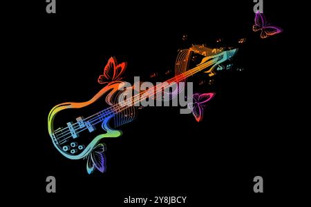 Guitar and notes abstract with butterflies. For printing on black t-shirt. hand drawing. Not AI. Vector illustration. Stock Vector