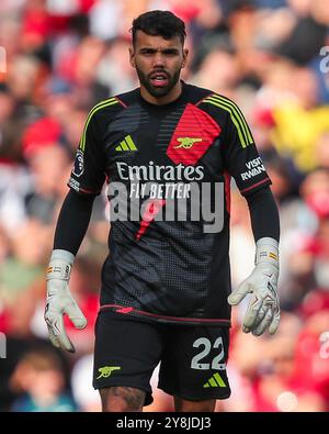 David Raya of Arsenal looks on during the Arsenal MD-1 Press Conference ...