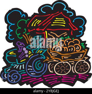 Tractor pulling a trailer on white background. Red vintage tractor icon. Agricultural equipment.Flat style vector illustration Stock Vector
