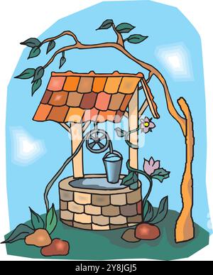 Countryside isometric composition with isolated image of water well on blank background vector illustration Stock Vector
