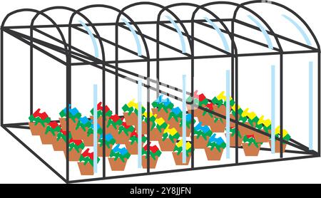 Modern greenhouse isometric concept employee sets up smart equipment inside the greenhouse where tomatoes are growing vector illustration Stock Vector