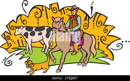 Man farmer walking with cow isometric 3d vector illustration Stock Vector