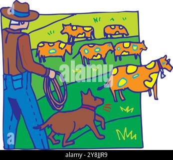 Man farmer walking with cow isometric 3d vector illustration Stock Vector