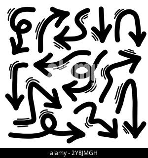 hand drawn arrows in various directions and styles on white background. Stock Vector
